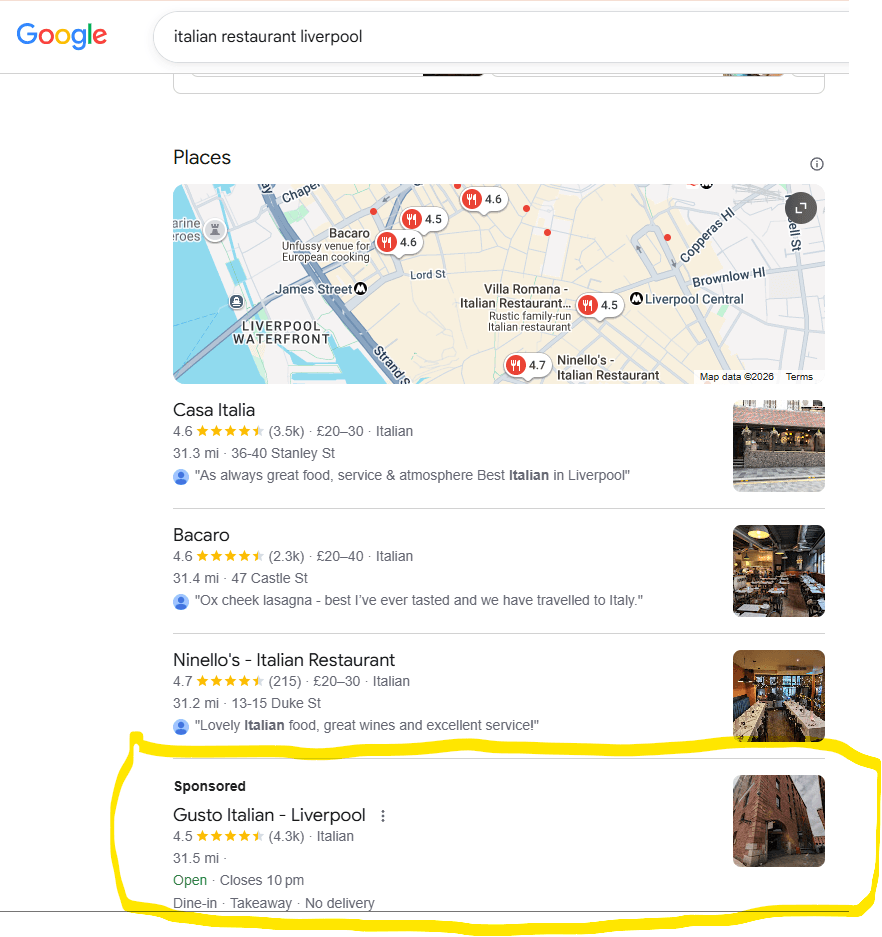 sponsored ad in Google Maps 3-pack