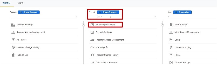 Universal Analytics Admin Menu